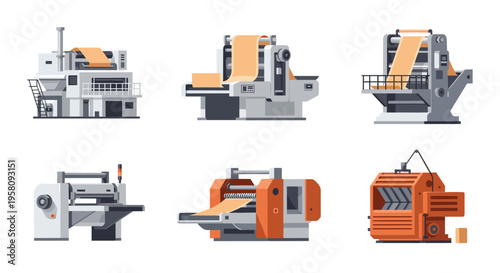 Six distinct industrial machines with rollers and paper feeds are arranged in two rows against a white background.