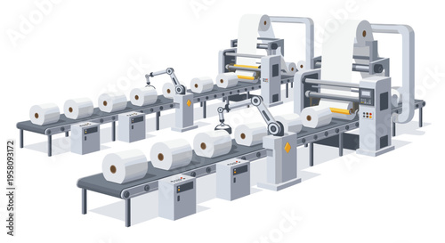 An automated production line with robotic arms processes white material rolls on grey machinery.