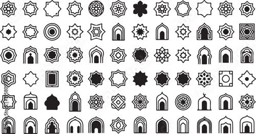 Islamic geometric patterns and arches in black on white background
