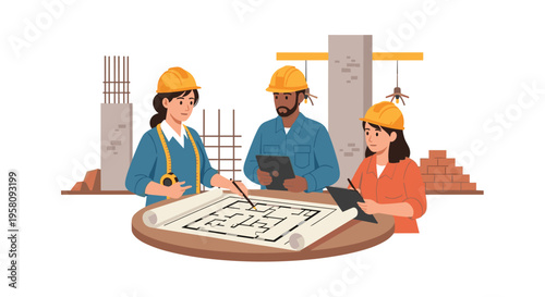 A diverse team of three construction professionals discusses blueprints at a table on a building site.