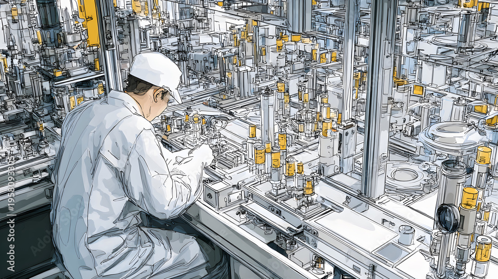 Fototapeta premium An engineer in a white uniform is working on a complex industrial machine in a large factory