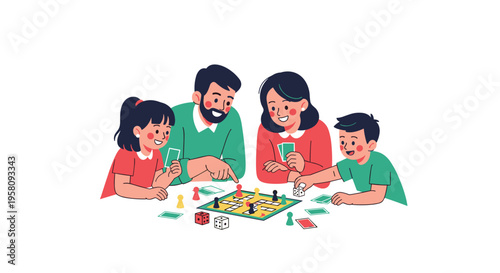 A happy family of four plays a board game together at a table.