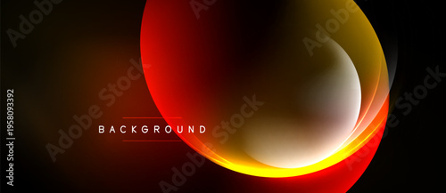 Abstract design features vibrant red, orange, yellow curves. Dark background enhances luminosity, creating dynamic visual impact. Modern, sleek presentation.