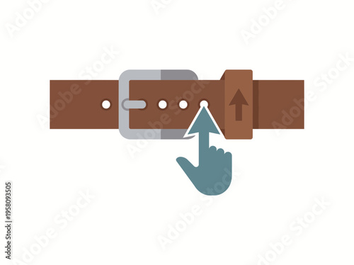 Human hand with finger pointing to a hole in a brown leather belt, indicating tightening budget or financial constraint.