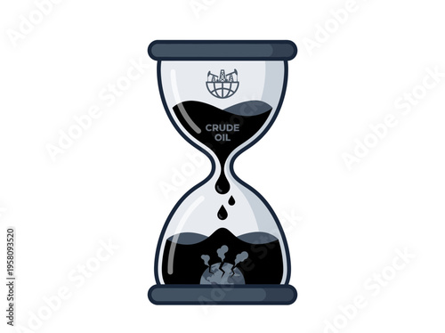 Hourglass filled with crude oil, with oil rigs and polluting factories depicted, representing the finite nature of fossil fuels and environmental impact.