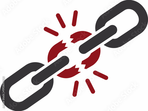 Symbolic illustration of a broken chain link, representing a weak connection, failure, or separation in a chain of events or relationships.