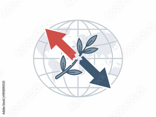 Minimalist vector illustration of a globe with opposing arrows and a broken olive branch, representing global conflict, division, or the struggle between war and peace.