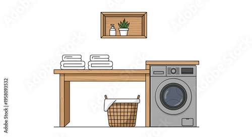 A minimalist laundry room features a grey washing machine next to a wooden counter with folded towels and a laundry basket.