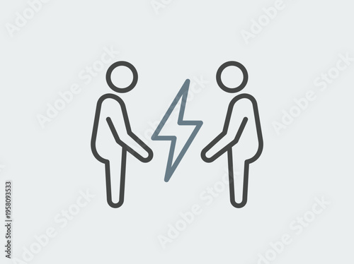 Simple icon representing two stylized figures facing each other with a lightning bolt symbol between them, signifying conflict, disagreement, or a tense confrontation.