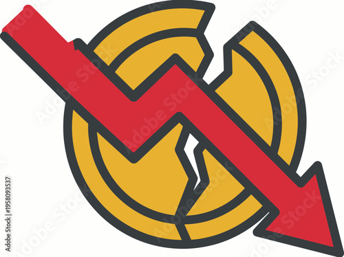 Flat vector icon depicting financial crisis with a broken coin and a downward trending red arrow, symbolizing economic collapse.