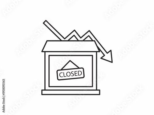 Minimalist icon representing business closure with a storefront and a downward trending arrow, indicating economic downturn or failure.