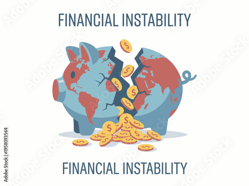 Cracked piggy bank shaped like the Earth, spilling coins, symbolizing global financial instability and economic crisis.