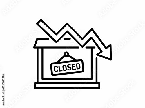Minimalist icon of a building with a 'Closed' sign and a downward trending graph, representing business closure and economic downturn.