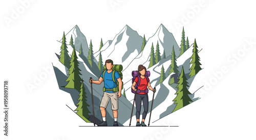 A man and a woman stand with trekking poles and backpacks in front of a snow-capped mountain range with pine trees.