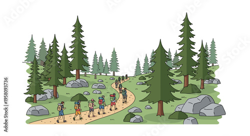 A line of hikers with backpacks walks along a winding dirt path through a forest filled with pine trees and rocks.