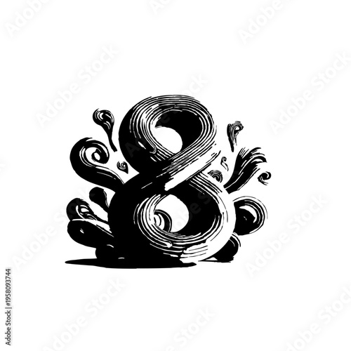 Stylized antique ampersand symbol rendered as a thick, textured brushstroke design with swirling decorative flourishes emphasizing connection and conjunction in a bold monochromatic vector graphic.