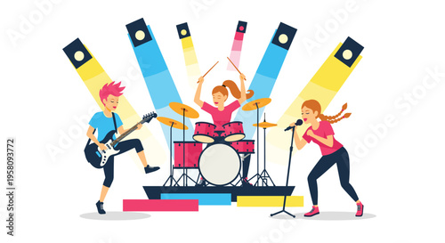 Three female musicians perform on stage with a drum kit, electric guitar, and microphone under bright stage lights.