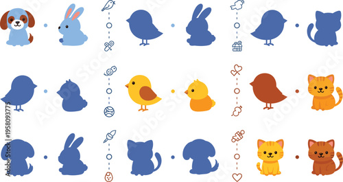 Cute animal shadow matching game with dog bunny bird chick and cat, educational kids puzzle worksheet vector illustration for learning shapes and recognition