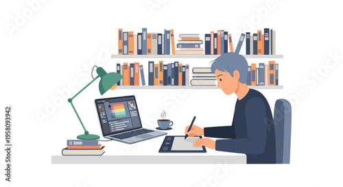 A young man draws on a digital tablet with a stylus next to a laptop, with books on shelves in the background.