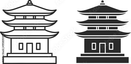 Two pagodas stand side by side in a serene Asian temple complex landscape.