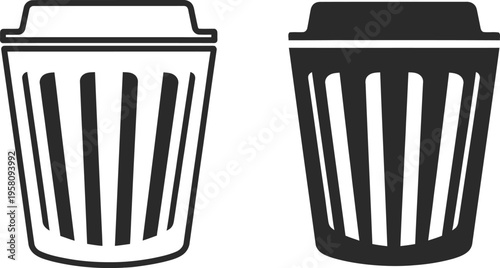 Two black and white illustrations of trash cans are shown side by side