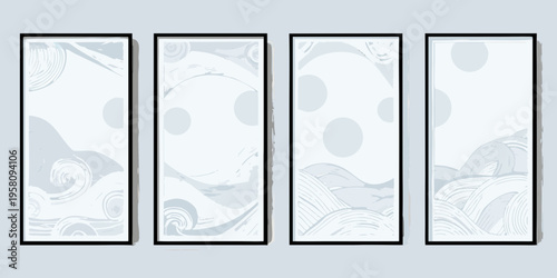 Four framed abstract art pieces featuring swirling blue and gray patterns