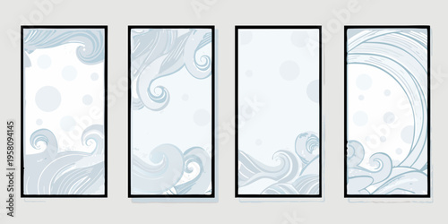 Four rectangular panels with abstract swirling cloud like patterns