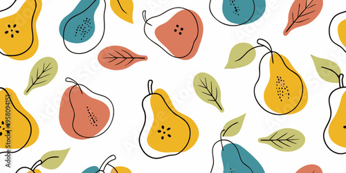 Colorful pear and leaf pattern on a simple white background