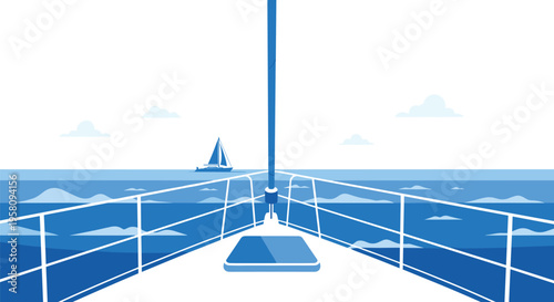 A first-person view from the bow of a boat looks out over a blue ocean with a distant sailboat.