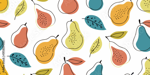 Stylized repeating pattern of colorful pear and leaf illustrations