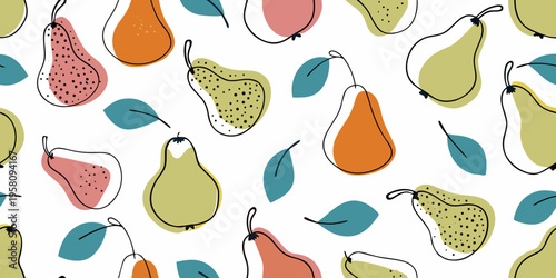 Colorful pear and leaf pattern on a clean white background
