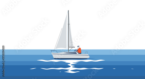 A man in a white hat steers a white sailboat with a tall mast on a blue ocean under a white sky.