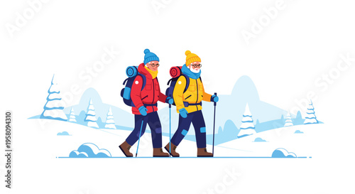 Two elderly hikers wearing winter clothing and backpacks walk with trekking poles across a snowy mountain landscape.