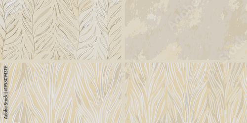 Abstract botanical patterns in muted beige and yellow tones divided into quadrants