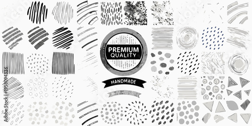 Collection of abstract hand drawn textures and a premium quality badge