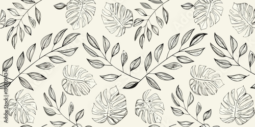 Elegant tropical leaves create a seamless botanical pattern on beige