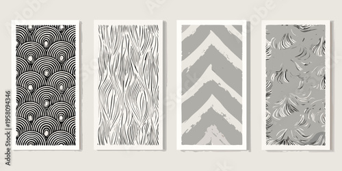 Four abstract patterned panels in shades of gray and black