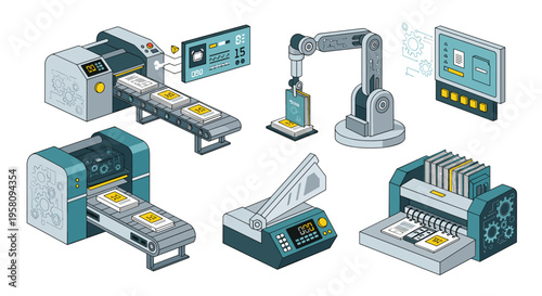 An isometric illustration displays various industrial printing and binding machines, including a press, robotic arm, cutter, and binder.