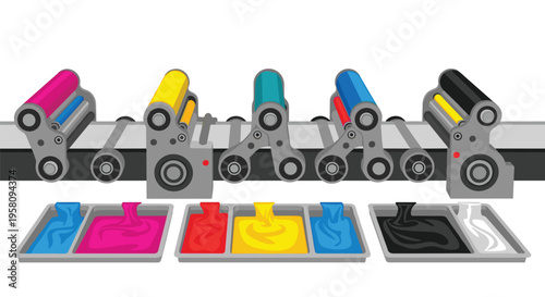Five printing press rollers with different colored inks are positioned above matching ink trays on a white background.