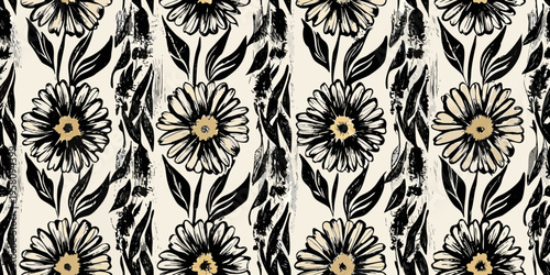 Floral pattern with stylized daisy like flowers and dark brushstrokes