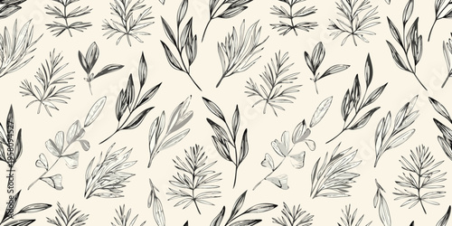 Delicate botanical illustration featuring sketched sprigs and leafy branches