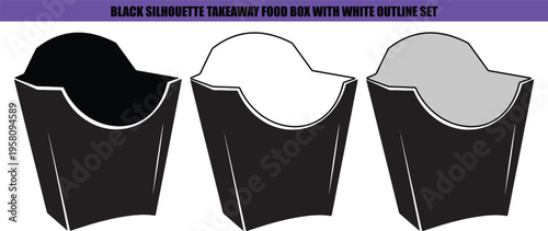 Black silhouette takeaway food boxes with white outlines and grey fill