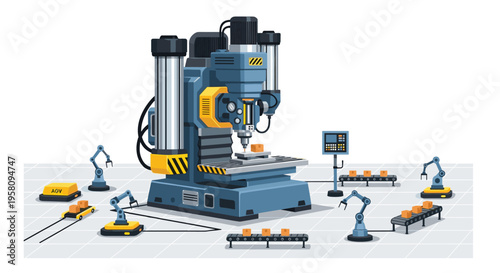 A complex blue and yellow CNC milling machine processes a block amidst robotic arms, conveyor belts, and an AGV on a factory floor.