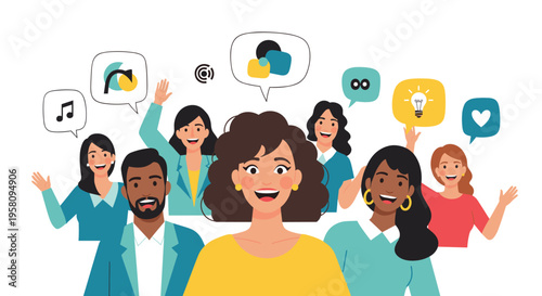A diverse group of people with speech bubbles containing various icons are smiling and waving against a white background.
