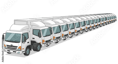 A long, receding diagonal line of identical white box trucks with orange indicator lights is presented against a plain white background.