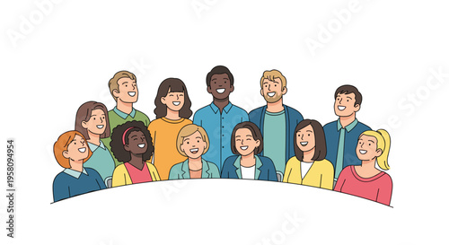 A diverse group of smiling people with various skin tones are arranged in a semi-circle against a plain white background.