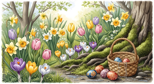 Dreamy Watercolor Illustration of Secret Garden and Basket with Hidden Easter Eggs
