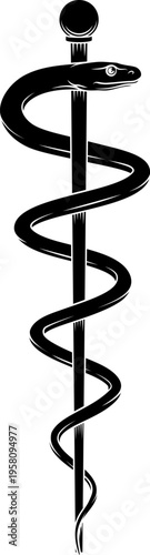 Rod of Asclepius or Aesculapius doctor medical symbol, often mislabelled as a caduceus. Features a snake curled around a staff.