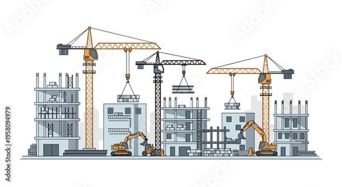 A busy construction site features three large yellow tower cranes, multiple partially built grey buildings, and two yellow excavators.