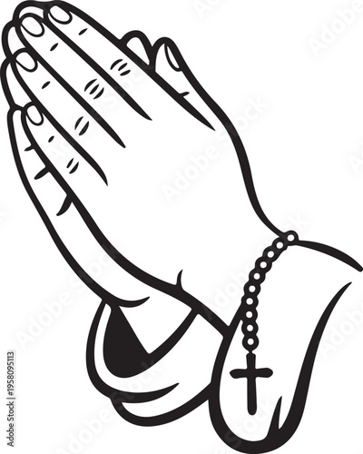 praying hands with rosary beads and cross isolated on transparent background